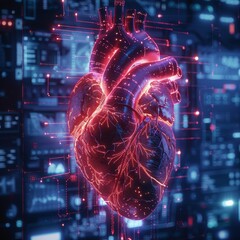 An intricately detailed neon red heart with embedded circuitry, superimposed on a dynamic background of digital data streams, conceptualizing high-tech medical diagnostics - obrazy, fototapety, plakaty