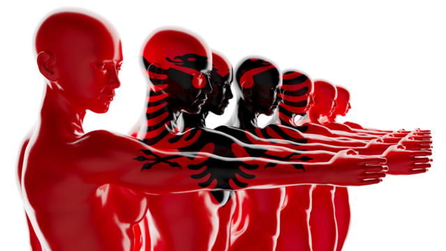 Array of Mannequins Fading into the Angolan Flag with Traditional Black Symbols - Powered by Adobe