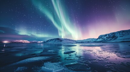 A stunning natural phenomenon, the Aurora Borealis, shines with vivid colors above a serene coastal beach at night, reflecting on the wet sand and the sea.
