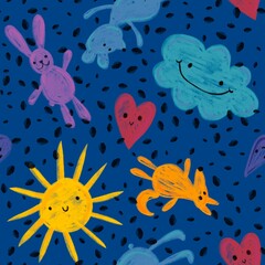 Cartoon scribble animals seamless bears and rabbit and fox and sun and clouds pattern for wrapping paper and kids