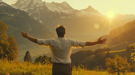 Man with raised hands on the mountain in nature