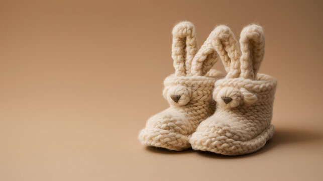 Close-up of newborn beige baby's booties. Advertising photo. Beige background of the photo studio. «You will have a baby!»