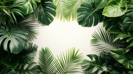 Monstera leaves on white background. Top view.