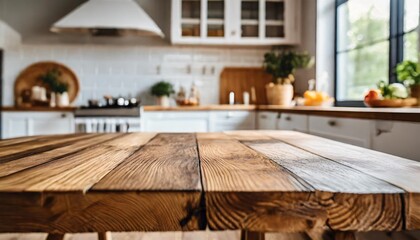 an empty wooden dining table in a cozy kitchen with a blurred background showcasing the warm and inviting ambiance of the cooking area