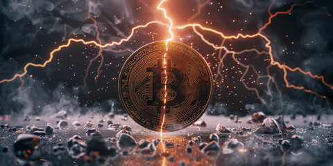 Golden Bitcoin stands amidst a dramatic backdrop of lightning strikes, symbolizing the halving of the mining rewards - obrazy, fototapety, plakaty