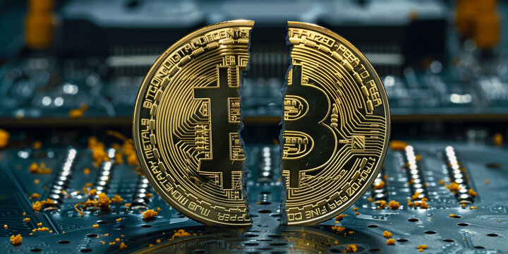 A split Bitcoin rests on a circuit board, symbolizing the BTC Halving in 2024