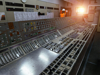 Control room. Large Industrial control panel inside factory or power plant