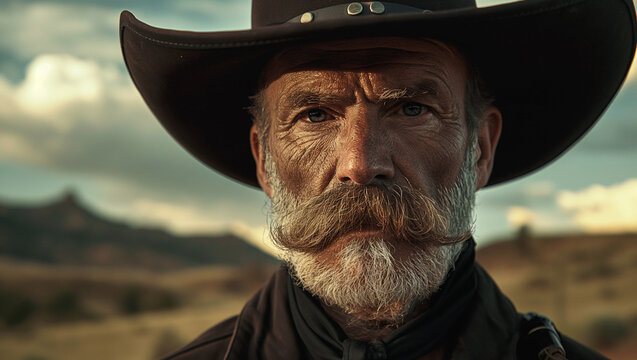 Portrait of an american cowboy, western movie scene in wild west town.
 - Powered by Adobe