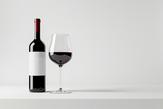 Banner of wine bottle floating in the air with blank labels and wine glass next to them on white background. 