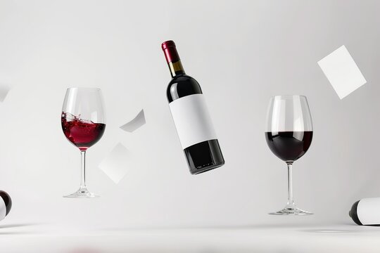 Banner of wine bottle floating in the air with blank labels and wine glass next to them on white background. 