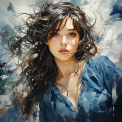 Portrait of a beautiful young woman with long black hair. Digital painting.
