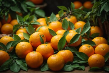 top view of fresh mandarin oranges on green leaves background. agriculture, farming and harvesting concept