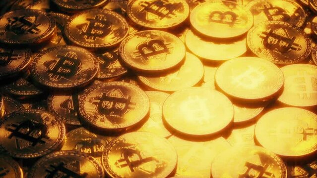 Gold Bitcoin Coins Pile Rotating