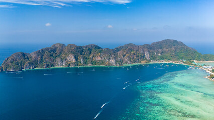 Aerial view of Tonsai bay at Koh Phi Phi island, Krabi, Thailand. 