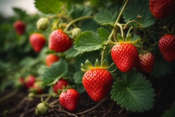 Red strawberry growing lush and ready for harvest. agriculture, farming and harvesting concept