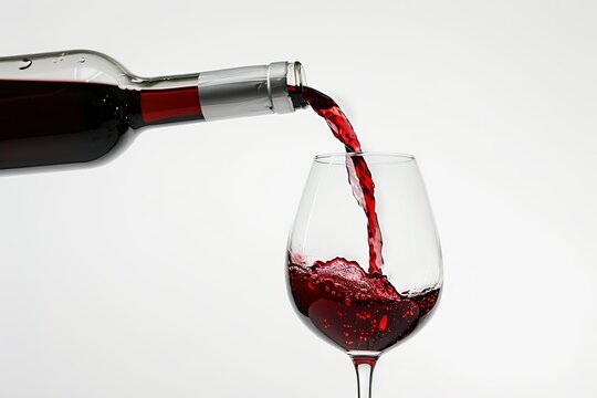 Pouring red wine into the  wine glass against astatic background.