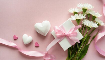 top view photo of woman s day composition white giftbox with pink silk ribbon bow small hearts and white prairie gentian flower buds on soft cloth on isolated pastel pink background with blank space