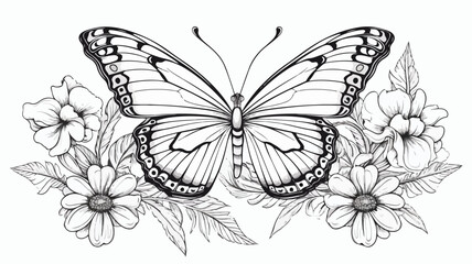 Butterfly and flower isolated hand drawn black and