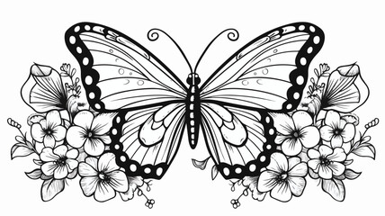 Butterfly and flower isolated hand drawn black and