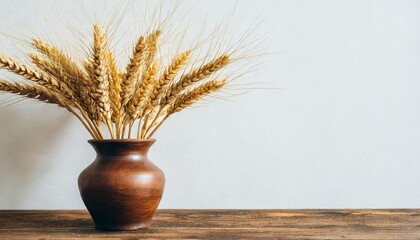 yellow ears of wheat in a vase on white background with copy space banner - obrazy, fototapety, plakaty