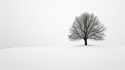 A minimalist shot of a lone, leafless tree in a snowy landscape