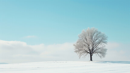A minimalist shot of a lone, leafless tree in a snowy landscape