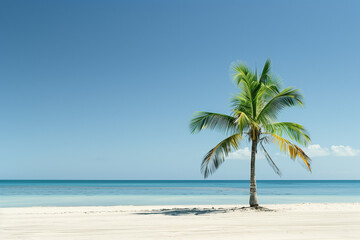 A minimalist beach scene with smooth sand, a single palm tree, and a clear, blue sky