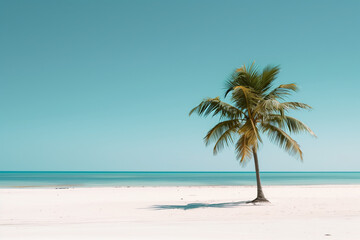Fototapeta na wymiar A minimalist beach scene with smooth sand, a single palm tree, and a clear, blue sky