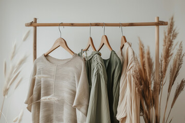 A range of minimalist sustainable fashion pieces hanging on a simple wooden rack against a clean, neutral background