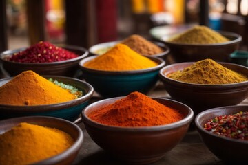 colorful spices on bowls at Indian market