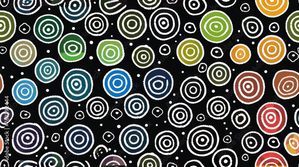 Poster a black background with multicolored circles and a black background with white circles and a black b