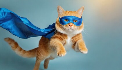 Feline Hero: Cute Orange Tabby Kitty Soaring in Blue Cloak and Mask on Light Blue Background
