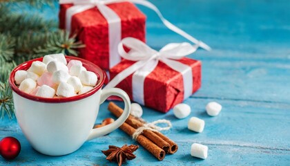 Obraz na płótnie Canvas cup of hot cocoa with marshmallows and christmas gift boxes on blue background