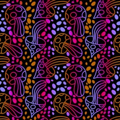Naklejka premium Cartoon autumn harvest seamless Halloween mushrooms with skulls pattern for wrapping paper and fabrics