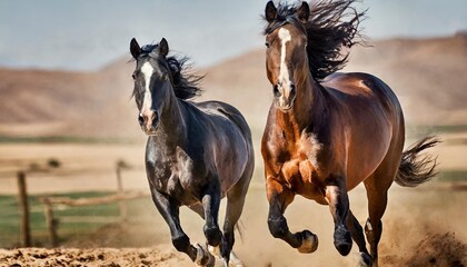 horses portrait run gallop in desert dust background