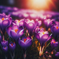 A high-quality photograph showcasing vibrant purple crocus flowers blooming in spring.
