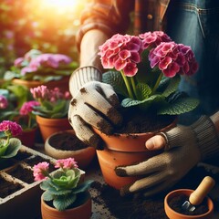 A gardener's hand planting flowers in a pot filled with soil