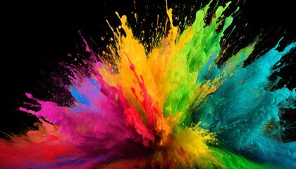 splash or explosion of multicolored paint on black background swirl of watercolor or colored powder abstract pattern of bright colorful water concept of spectrum wide banner holi