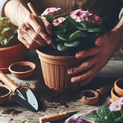 Keuken spatwand met foto A gardener's hand planting flowers in a pot filled with soil © Elshad Karimov