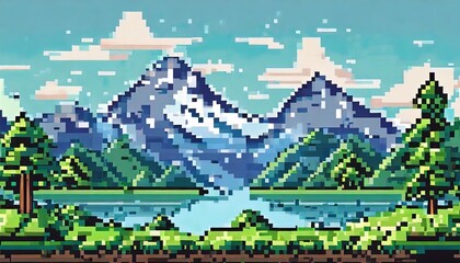video game background landscape with mountains and forests in 16 bit pixels retro video arcade game...