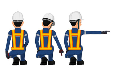 Set of construction worker in the position of  pointing something beside him self