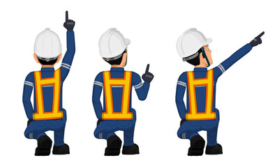 Set of construction worker in the position of  pointing something over his head