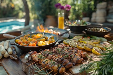 Obraz premium Poolside barbeque party with a grill and a large selection of food