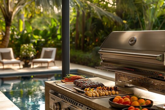 Poolside barbeque party with a grill and a large selection of food - Powered by Adobe
