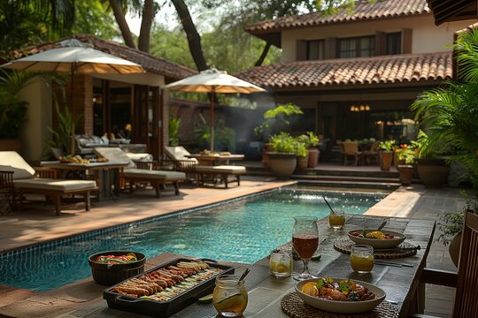Poolside barbeque party with a grill and a large selection of food