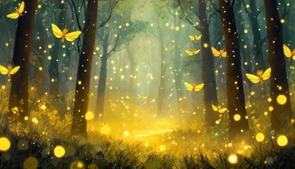 Foto auf Acrylglas Gelb magical fairy tale forest yellow fireflies digital art artwork background or wallpaper