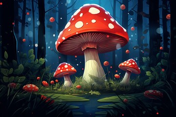 Red fly agaric in a fairy forest on a blue background at night - obrazy, fototapety, plakaty