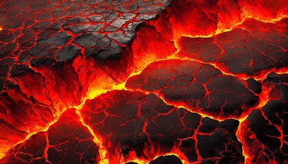 a fiery landscape of molten lava and jagged cracks illuminated by a vibrant red glow creating an...