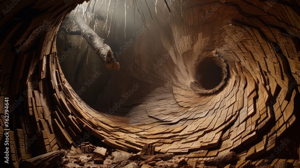 Poster the inside of a wooden structure with a tree branch sticking out of the center of the structure and 