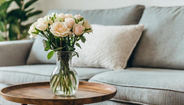home interior design element close up freshness flower vase on coffee table in living room with background of white colour sofa and pillow daylight cosy comfort home interior background
